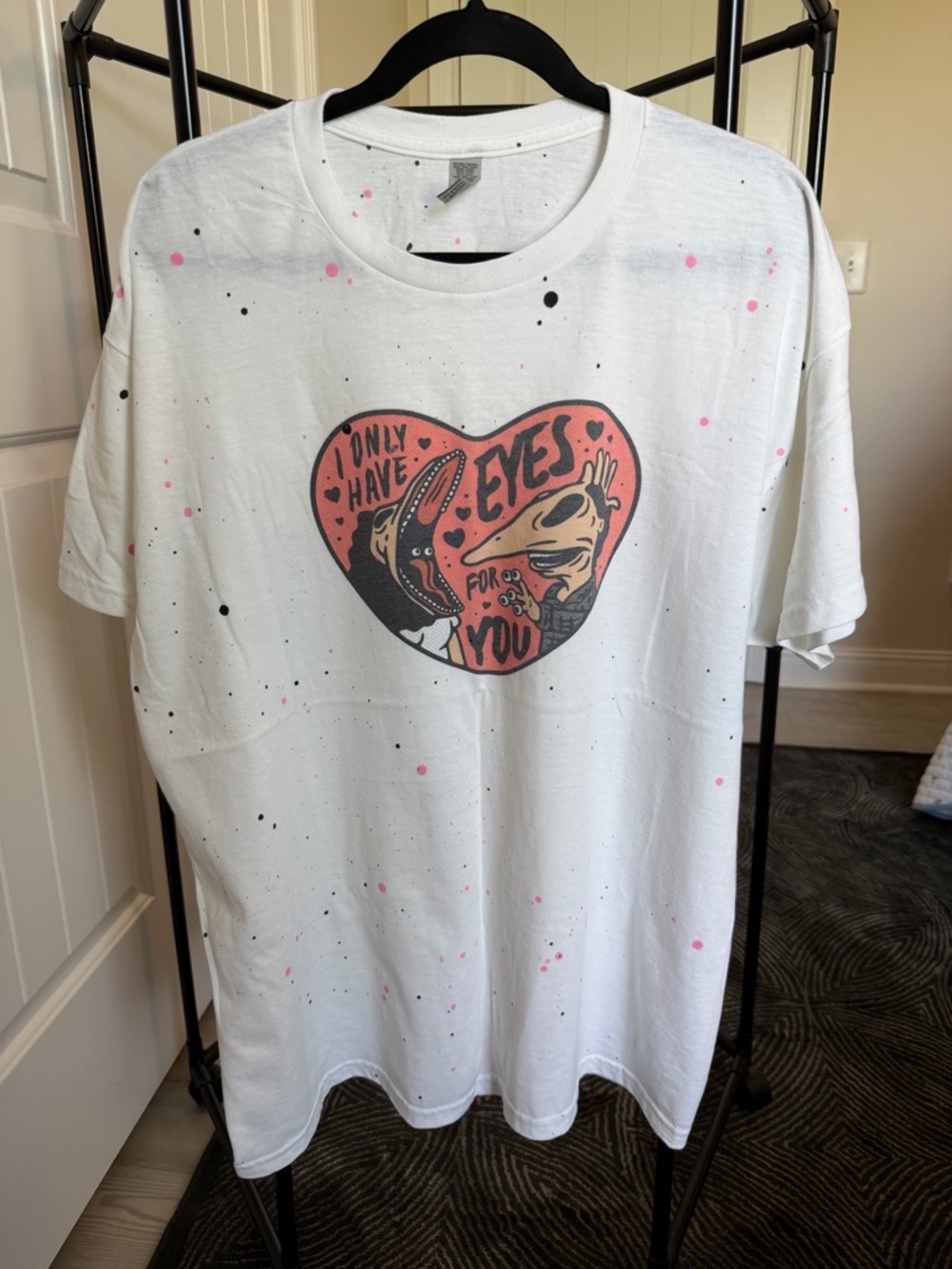 Beetlejuice Valentines Themed White Graphic Heart Tee with Pink & Black Splatter